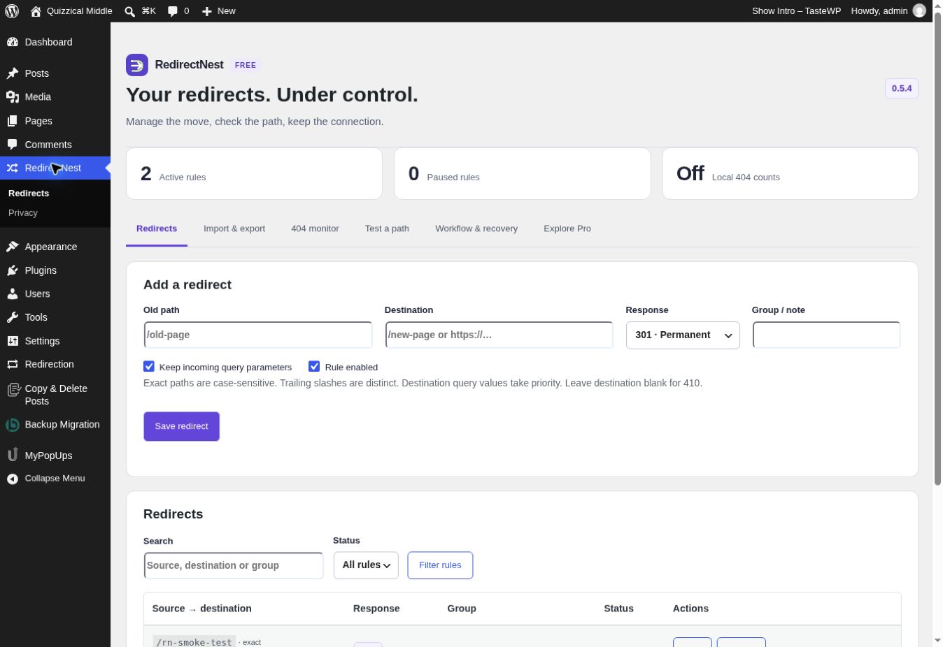 RedirectNest plugin interface with source path, destination and redirect response controls.